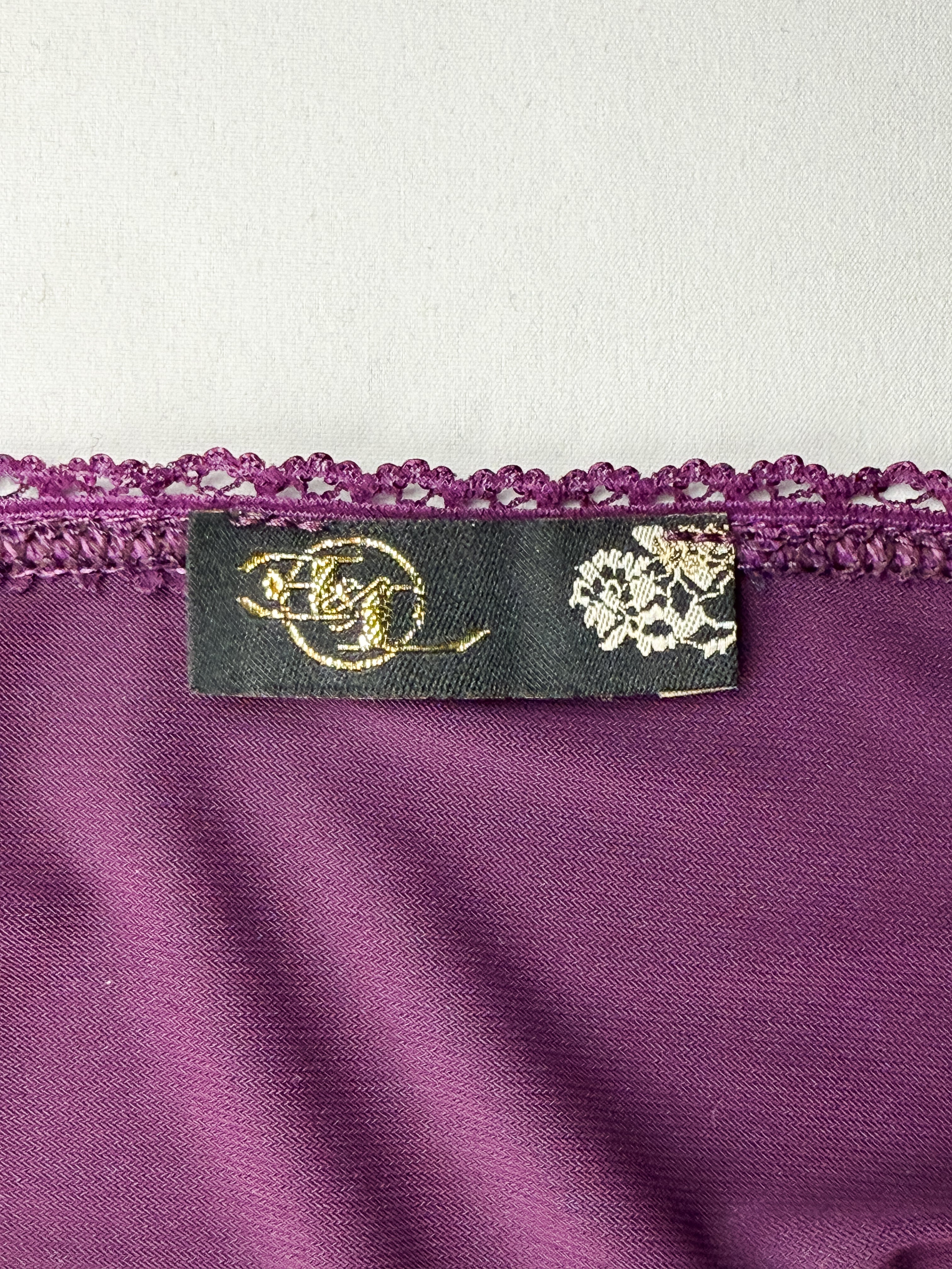 Enzo Loco 2000s Aubergine Satin Appliqué Lace Hem Midi Skirt - XS/S