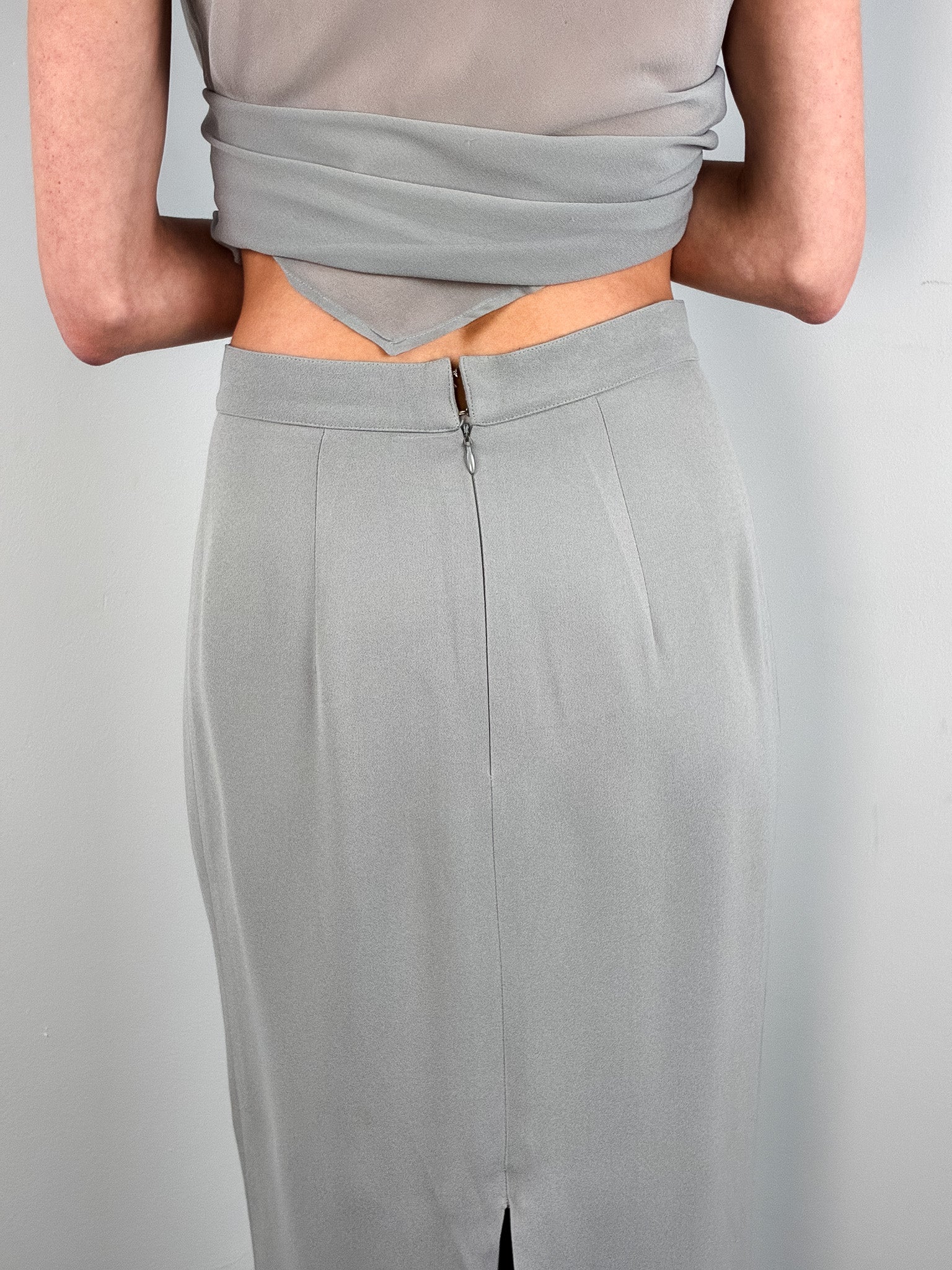 Gai Mattiolo 2000s Grey Rhinestone Buckle Handkerchief-Hem Top and Maxi Skirt Set - S/M
