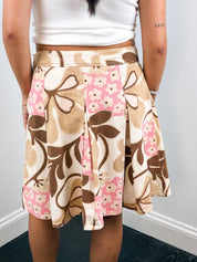 Fornarina 2000s Brown & Pink Retro Floral Pleated Denim Skirt - M