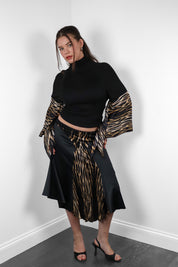 Just Cavalli 2000s Black Knit & Tiger Print Silk Bell Sleeve Top & Midi Skirt Set - M/L