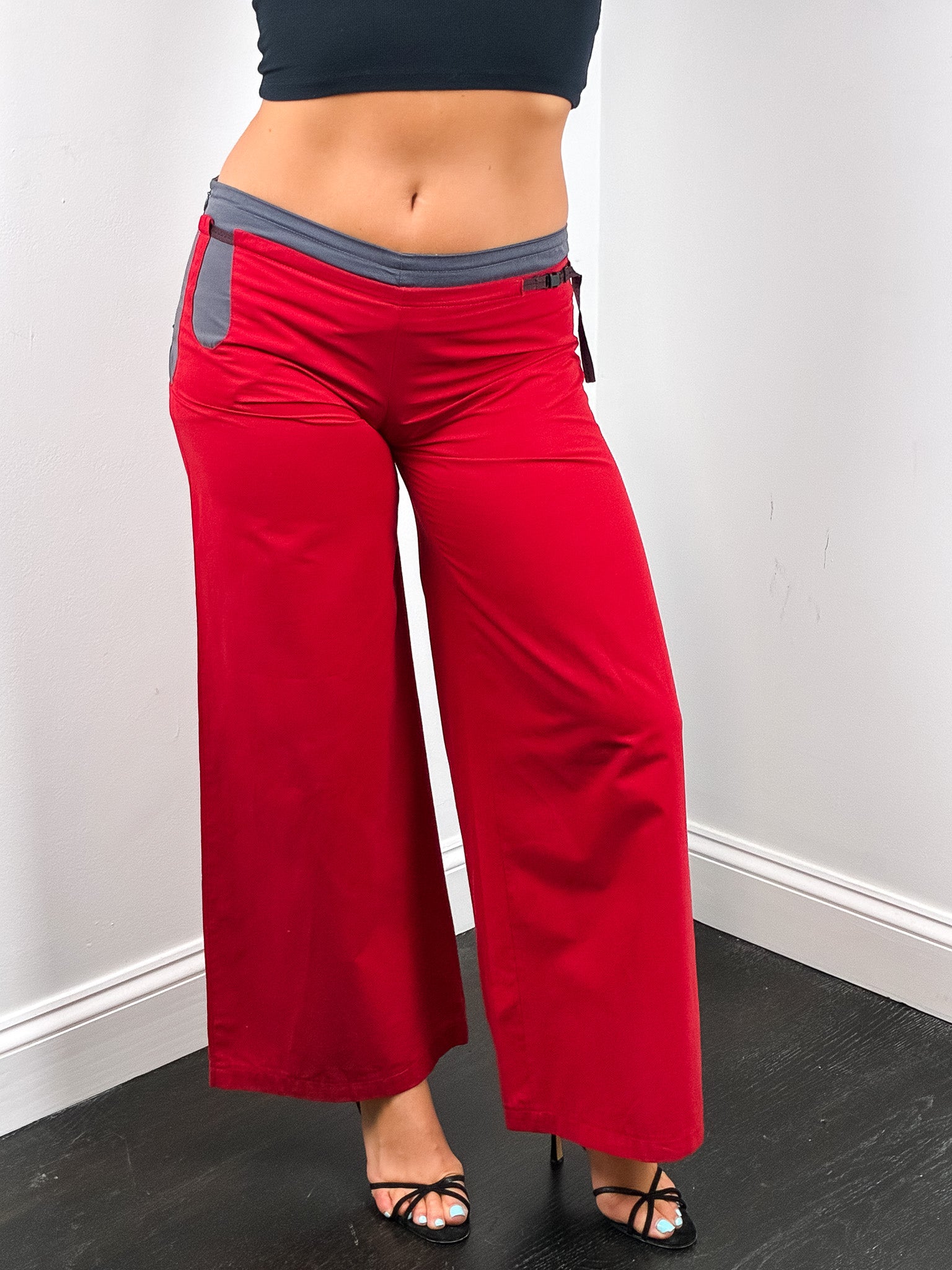 2000s Red & Grey Colorblock Low Rise Wide Leg Pants - W32