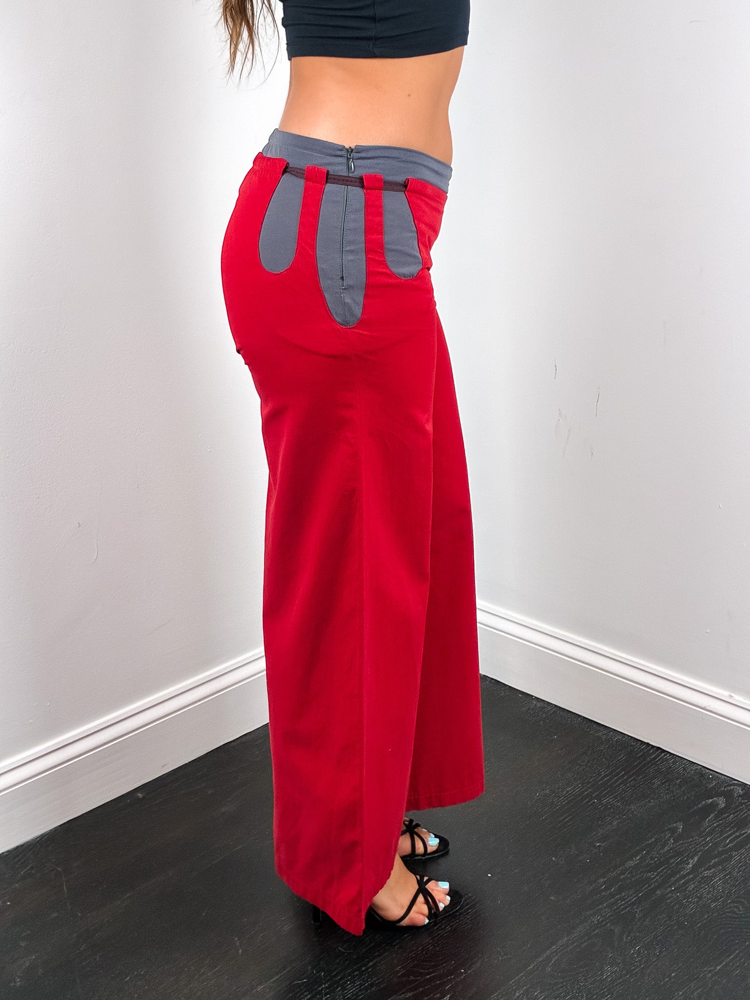 2000s Red & Grey Colorblock Low Rise Wide Leg Pants - W32