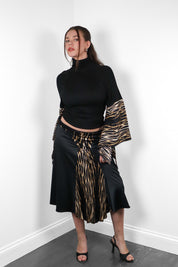 Just Cavalli 2000s Black Knit & Tiger Print Silk Bell Sleeve Top & Midi Skirt Set - M/L