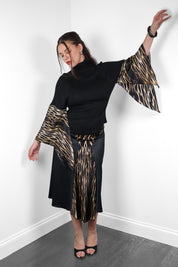 Just Cavalli 2000s Black Knit & Tiger Print Silk Bell Sleeve Top & Midi Skirt Set - M/L
