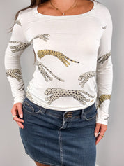 Roberto Cavalli 2000s White Metallic Leopard Print Long Sleeve Top - M/L