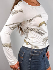 Roberto Cavalli 2000s White Metallic Leopard Print Long Sleeve Top - M/L