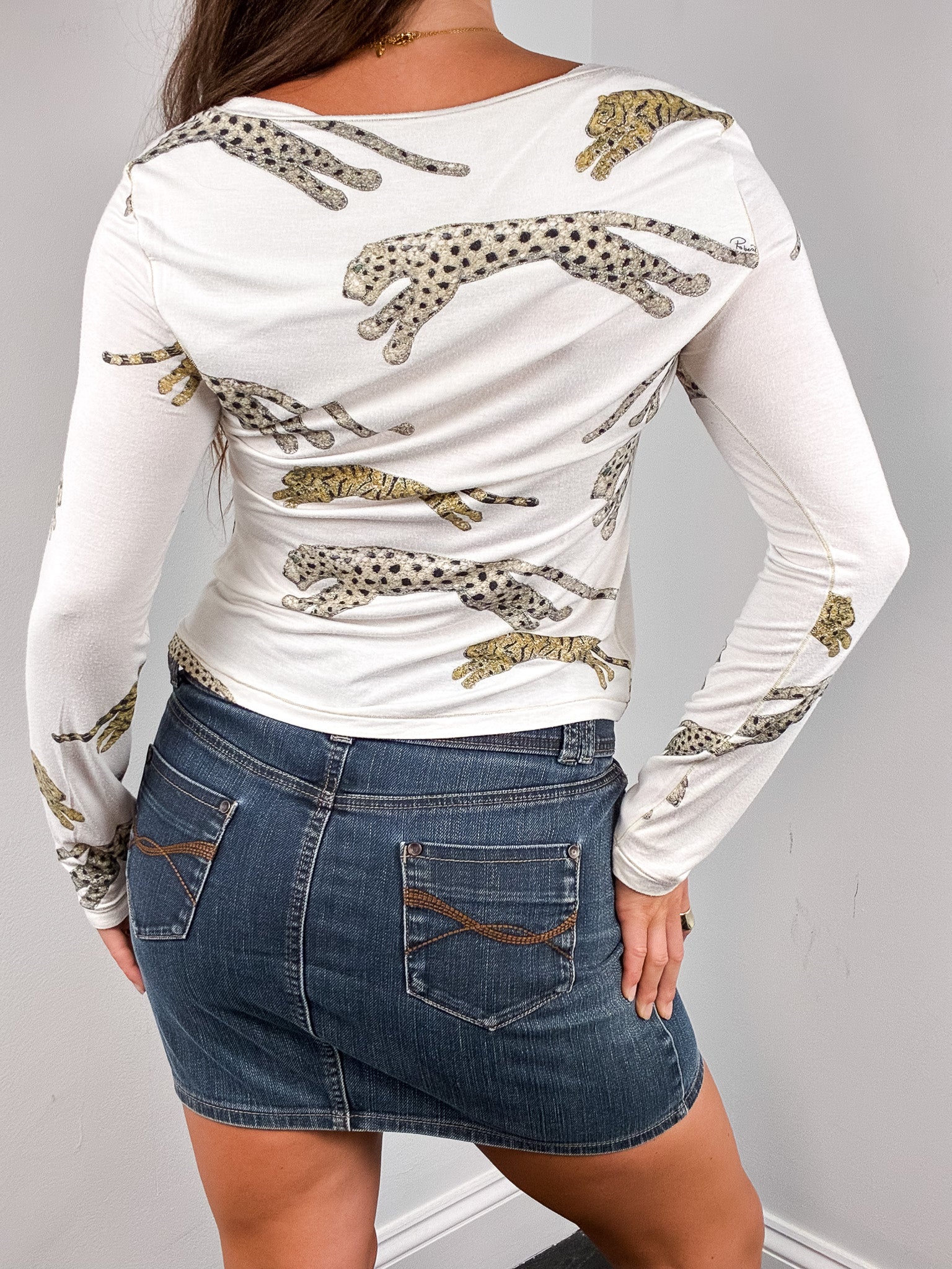 Roberto Cavalli 2000s White Metallic Leopard Print Long Sleeve Top - M/L