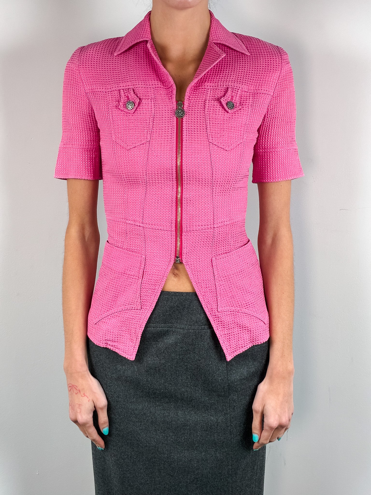 Bazar de Christian Lacroix 2000s Pink Waffle Texture Short Sleeve Zip Jacket - XS