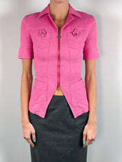 Bazar de Christian Lacroix 2000s Pink Waffle Texture Short Sleeve Zip Jacket - XS