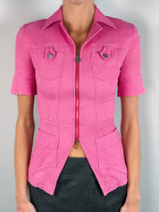 Bazar de Christian Lacroix 2000s Pink Waffle Texture Short Sleeve Zip Jacket - XS