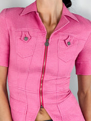 Bazar de Christian Lacroix 2000s Pink Waffle Texture Short Sleeve Zip Jacket - XS