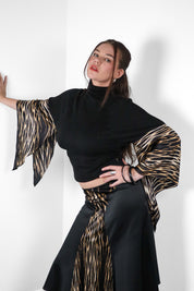 Just Cavalli 2000s Black Knit & Tiger Print Silk Bell Sleeve Top & Midi Skirt Set - M/L