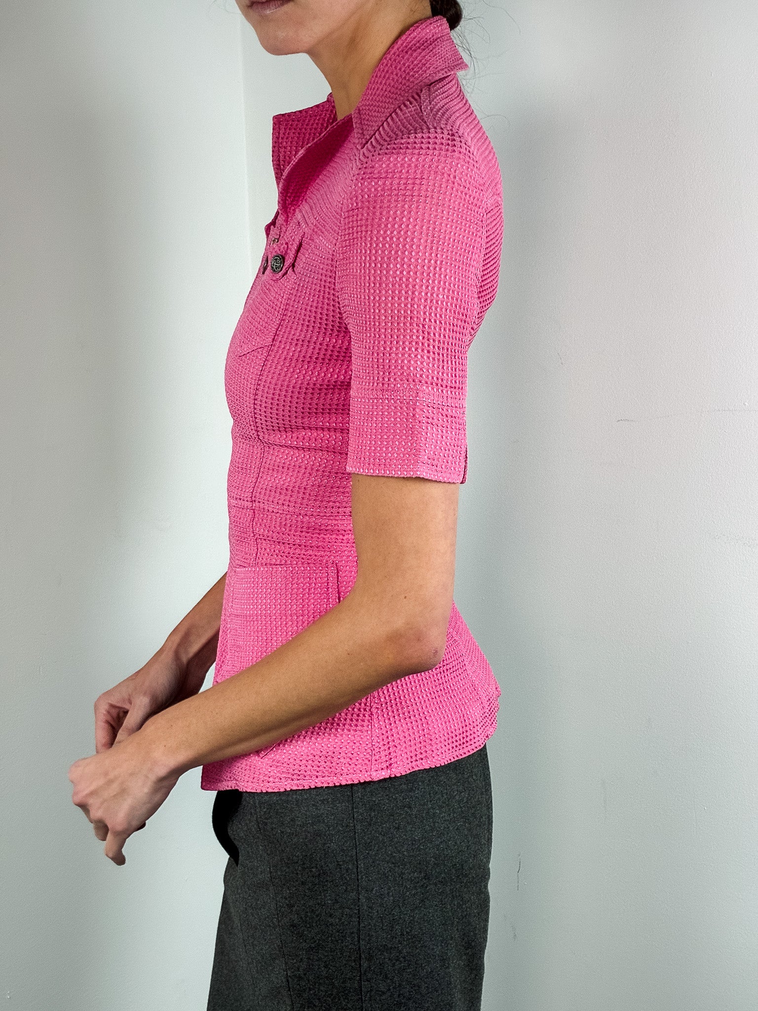 Bazar de Christian Lacroix 2000s Pink Waffle Texture Short Sleeve Zip Jacket - XS