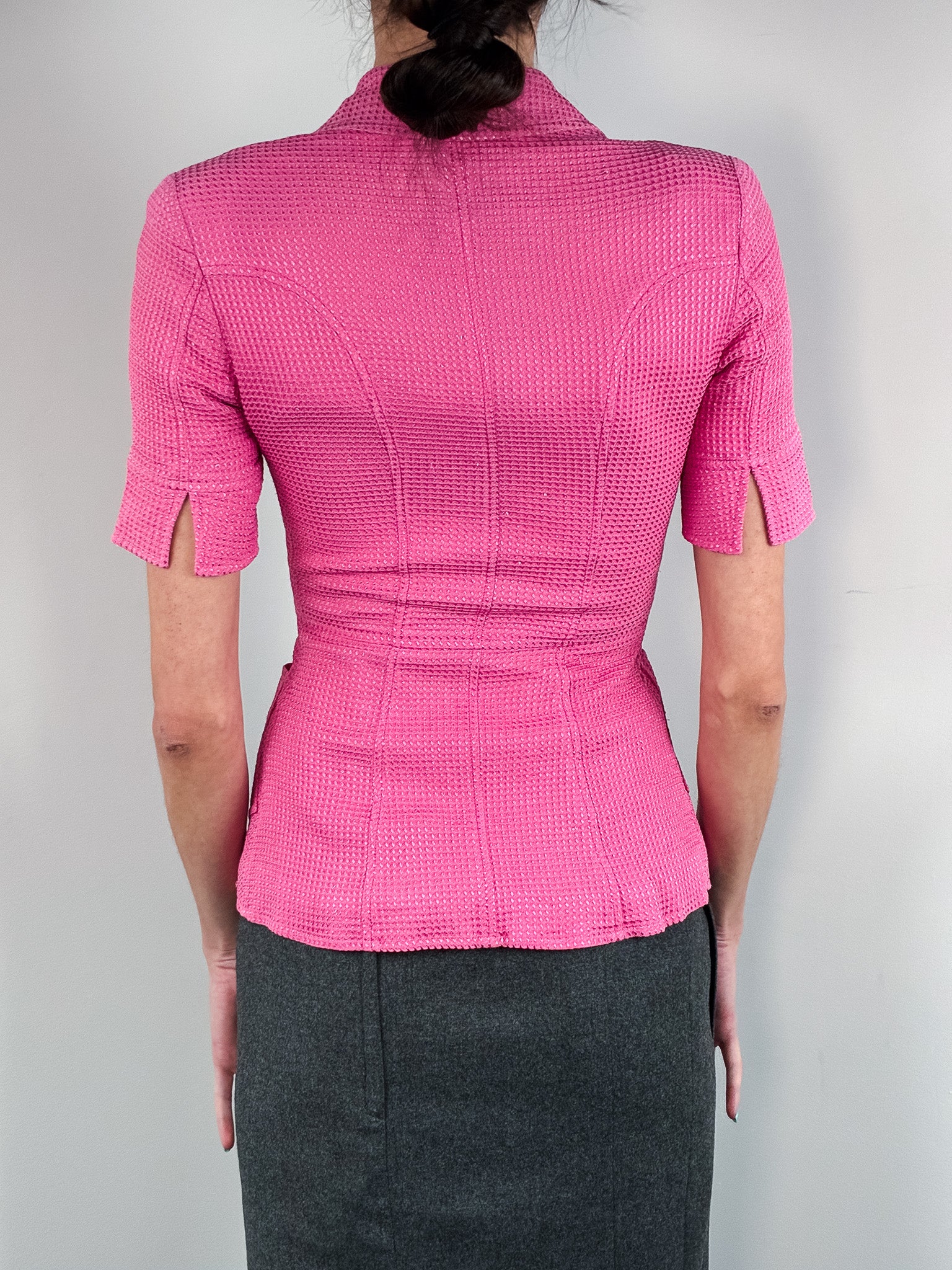 Bazar de Christian Lacroix 2000s Pink Waffle Texture Short Sleeve Zip Jacket - XS