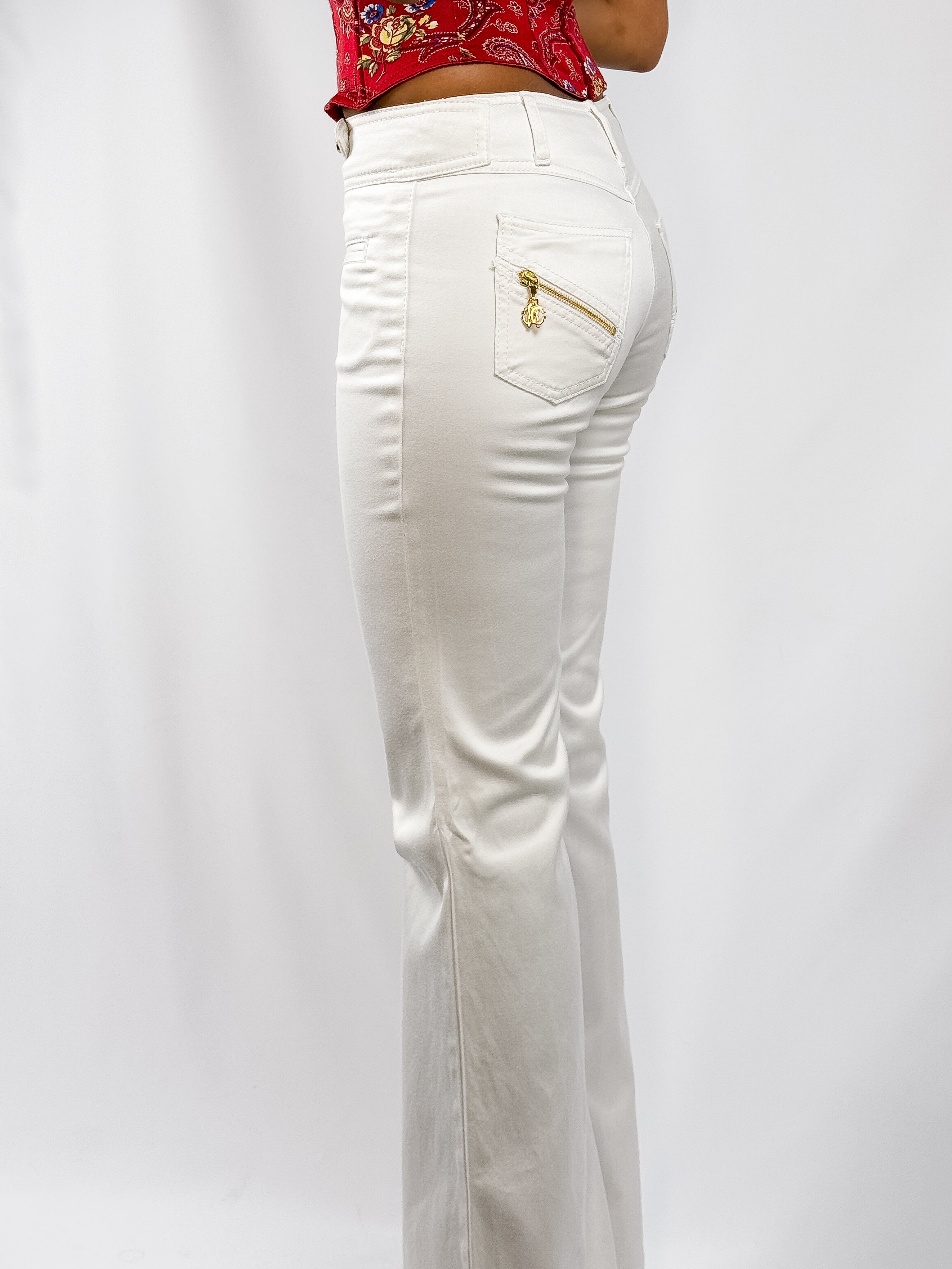Roberto Cavalli 2000s White Low-Rise Flare Trousers - S