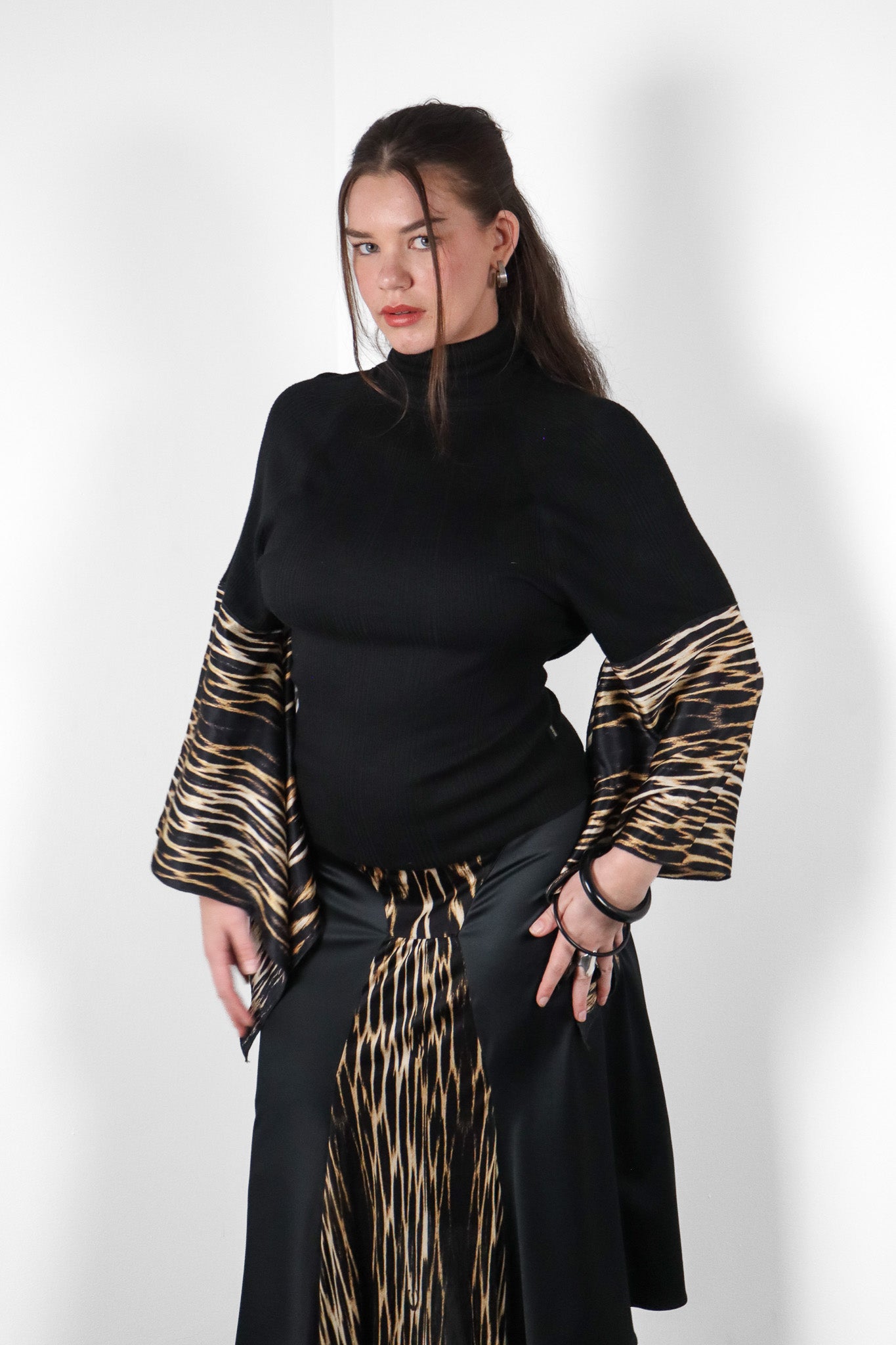 Just Cavalli 2000s Black Knit & Tiger Print Silk Bell Sleeve Top & Midi Skirt Set - M/L