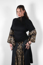 Just Cavalli 2000s Black Knit & Tiger Print Silk Bell Sleeve Top & Midi Skirt Set - M/L