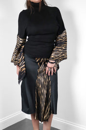 Just Cavalli 2000s Black Knit & Tiger Print Silk Bell Sleeve Top & Midi Skirt Set - M/L