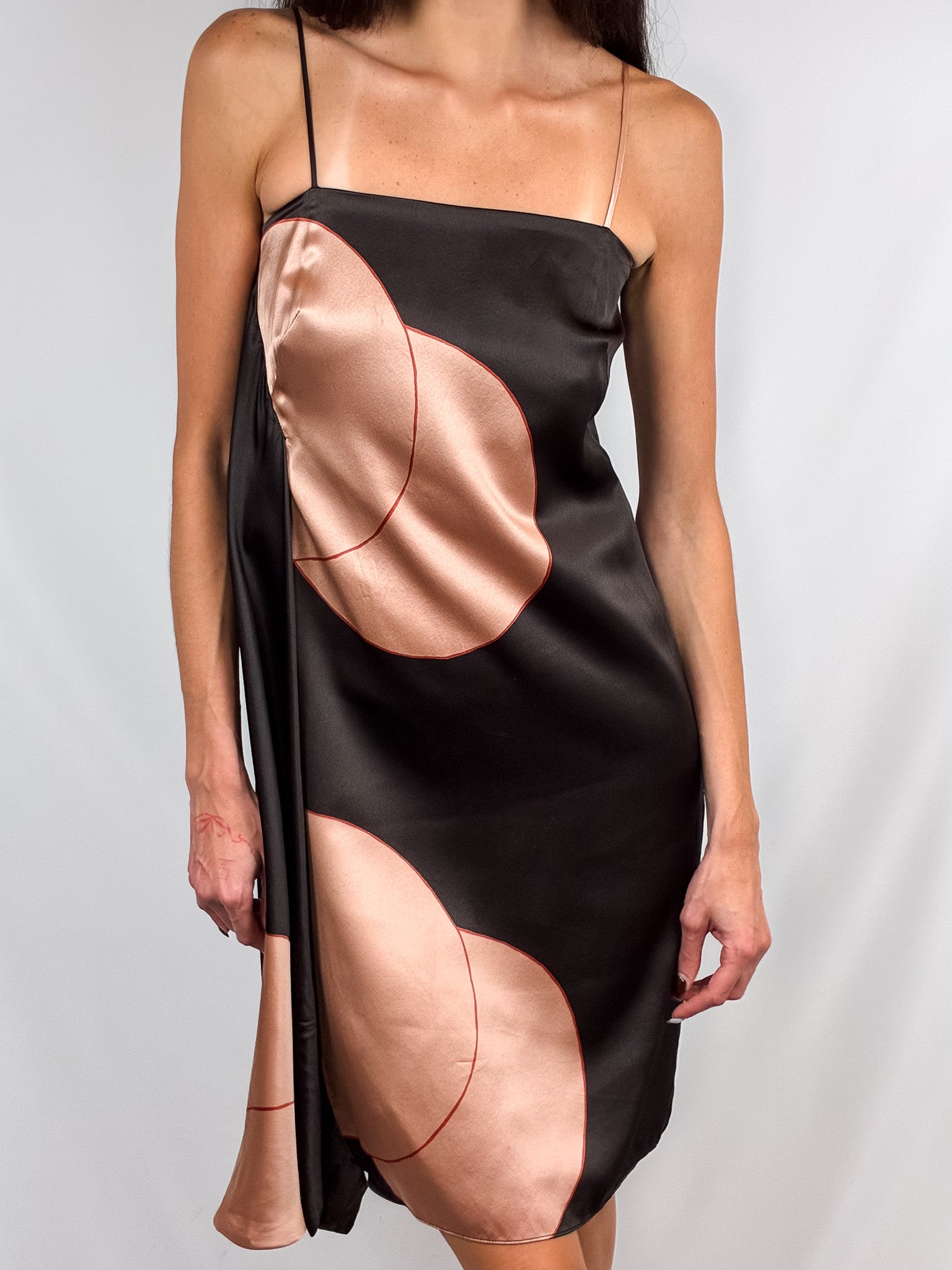 Sally Smith 2000s Dark Brown and Peach Colorblock Silk Slip Dress - S