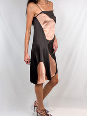 Sally Smith 2000s Dark Brown and Peach Colorblock Silk Slip Dress - S
