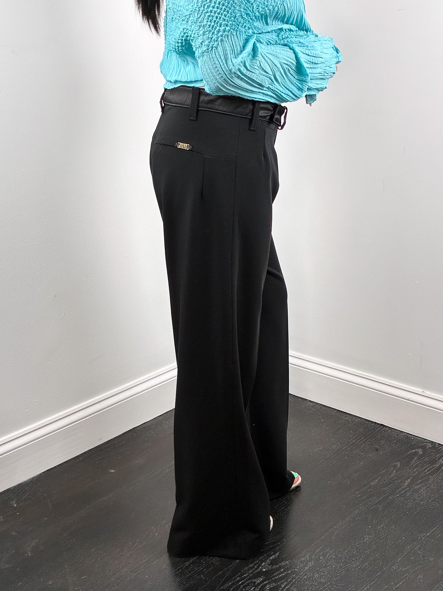 Miss Sixty 2000s Black Satin Trim Low Rise Wide Leg Trousers - M/L