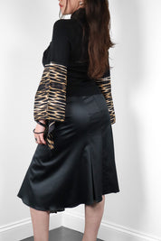 Just Cavalli 2000s Black Knit & Tiger Print Silk Bell Sleeve Top & Midi Skirt Set - M/L