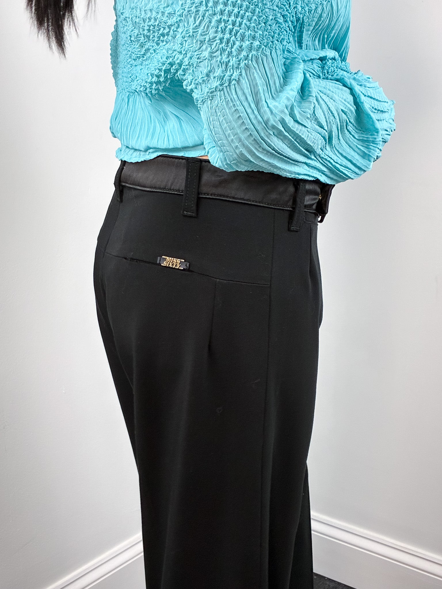 Miss Sixty 2000s Black Satin Trim Low Rise Wide Leg Trousers - M/L