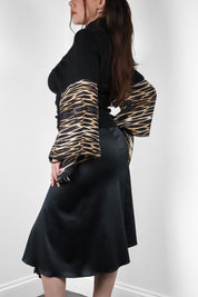 Just Cavalli 2000s Black Knit & Tiger Print Silk Bell Sleeve Top & Midi Skirt Set - M/L