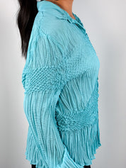 Multiples Créateur 2000s Turquoise Crinkle Smocked Blouse - M-XL