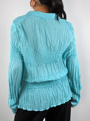 Multiples Créateur 2000s Turquoise Crinkle Smocked Blouse - M-XL