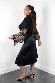 Just Cavalli 2000s Black Knit & Tiger Print Silk Bell Sleeve Top & Midi Skirt Set - M/L