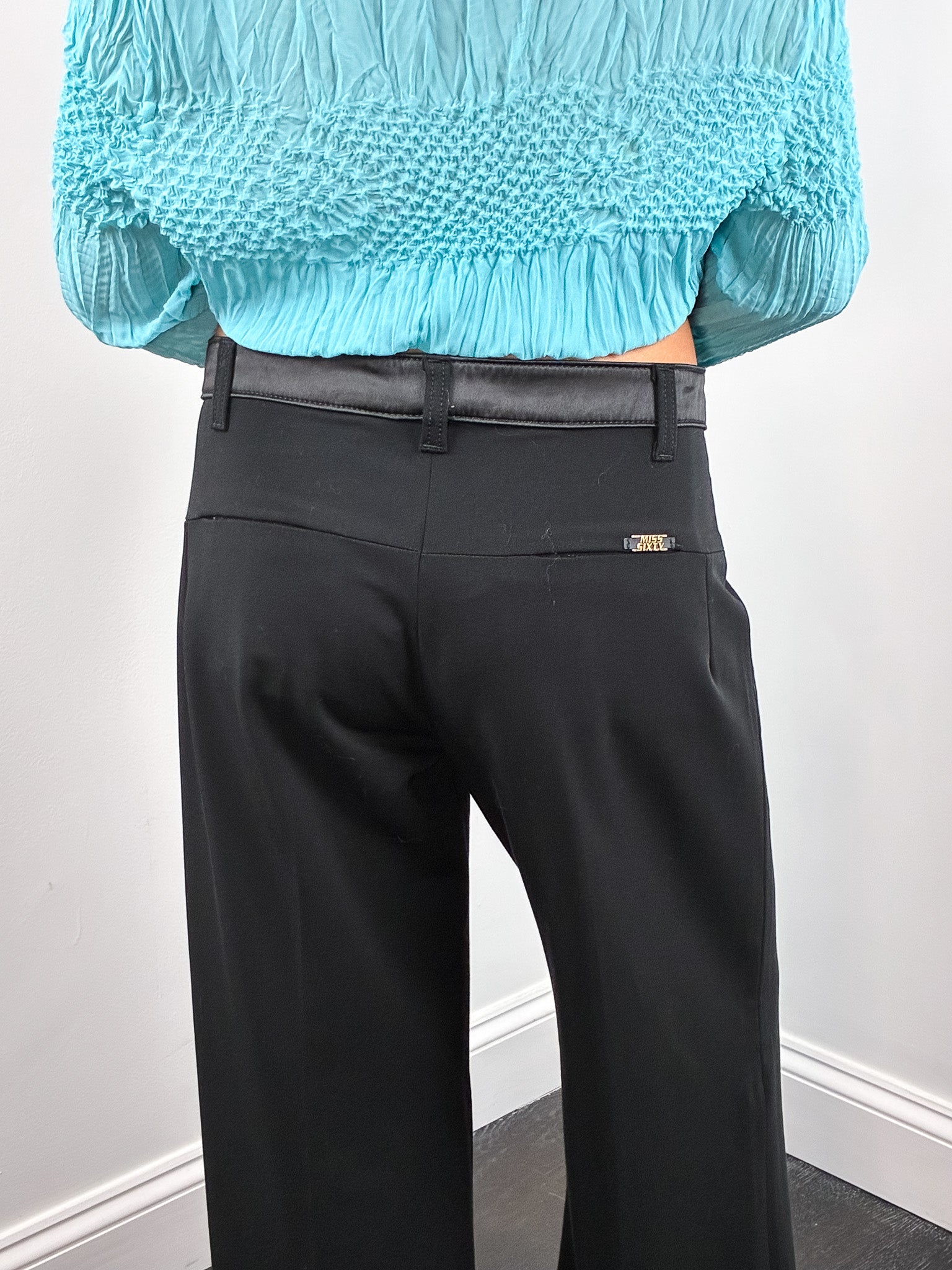 Miss Sixty 2000s Black Satin Trim Low Rise Wide Leg Trousers - M/L