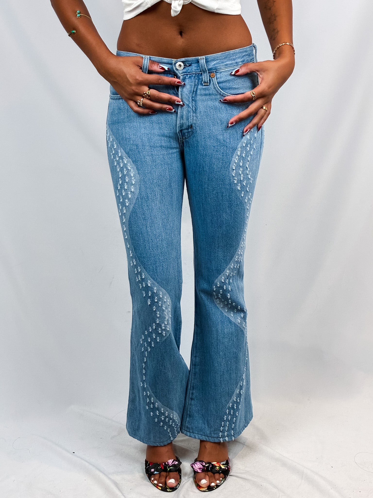 Replay 2000s Light Wash Wave-Panel Distressed Flare Jeans - W26