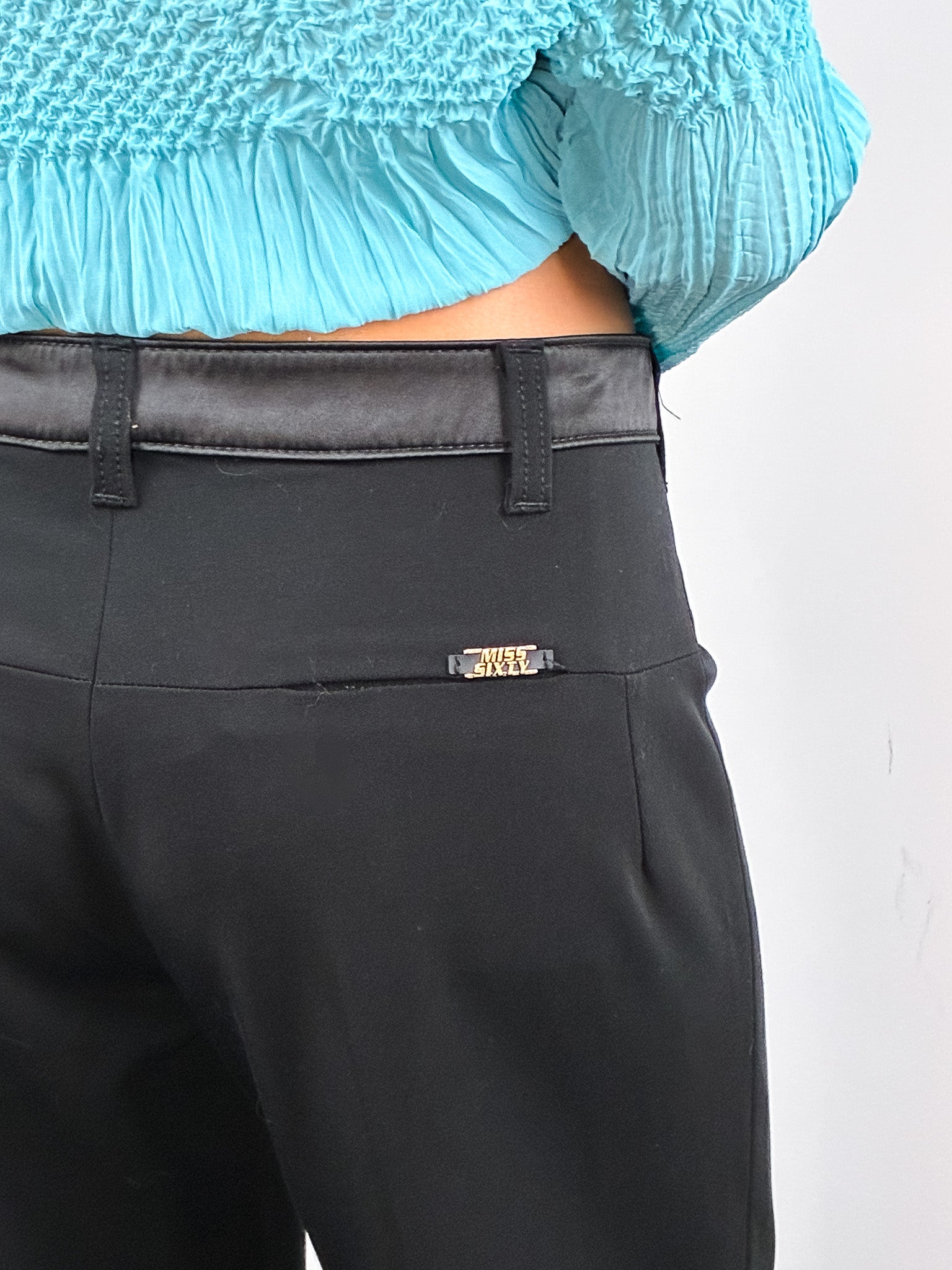 Miss Sixty 2000s Black Satin Trim Low Rise Wide Leg Trousers - M/L