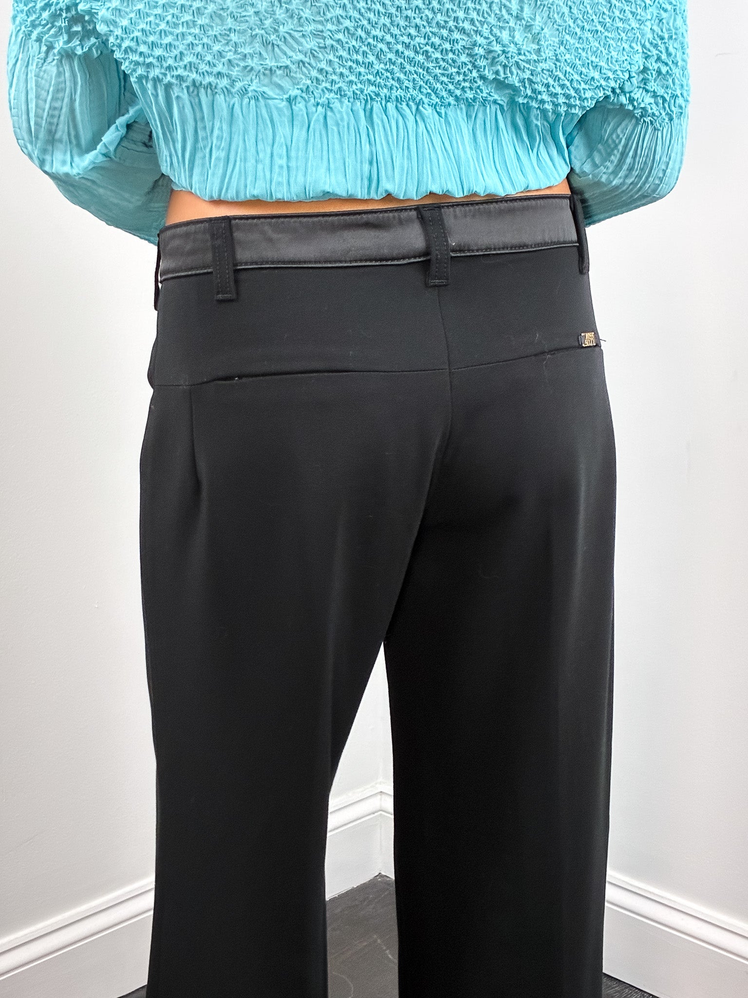 Miss Sixty 2000s Black Satin Trim Low Rise Wide Leg Trousers - M/L