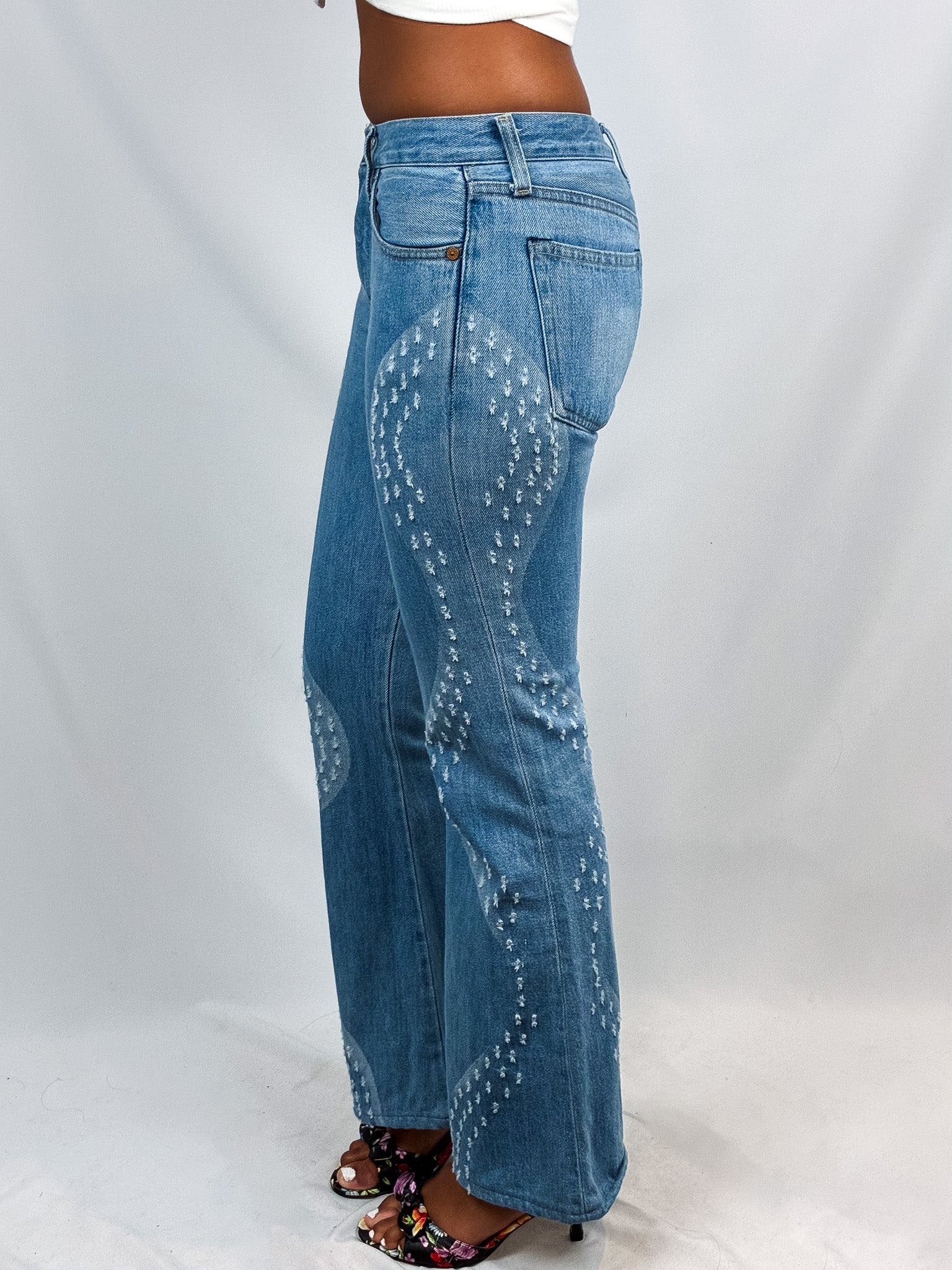 Replay 2000s Light Wash Wave-Panel Distressed Flare Jeans - W26