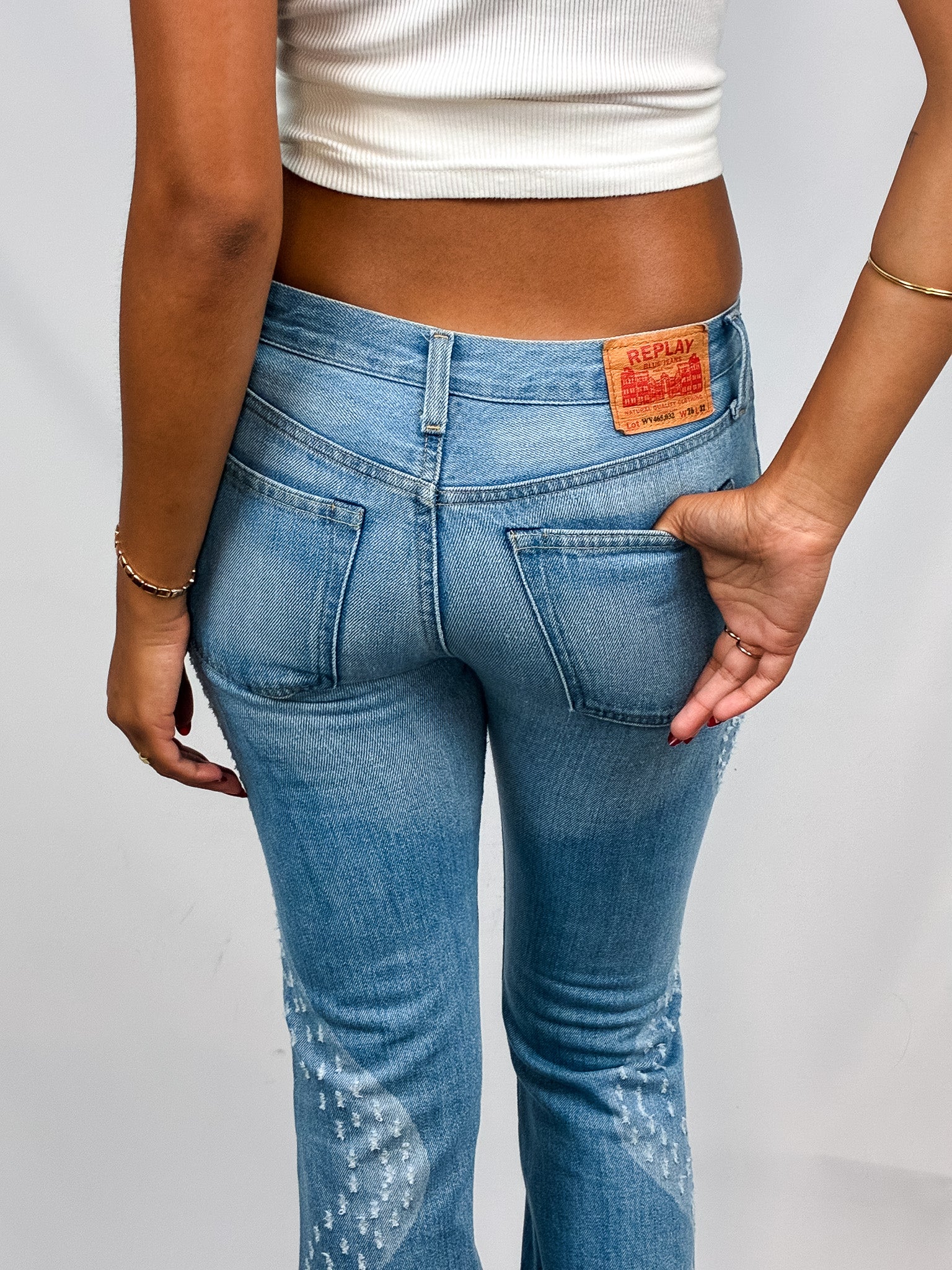 Replay 2000s Light Wash Wave-Panel Distressed Flare Jeans - W26