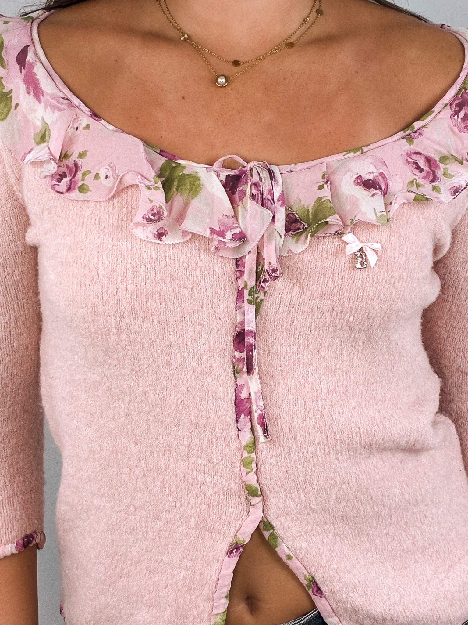 Blumarine 2000s Pink Knit Rose Chiffon Ruffle Cardigan - M