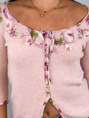 Blumarine 2000s Pink Knit Rose Chiffon Ruffle Cardigan - M
