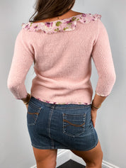 Blumarine 2000s Pink Knit Rose Chiffon Ruffle Cardigan - M
