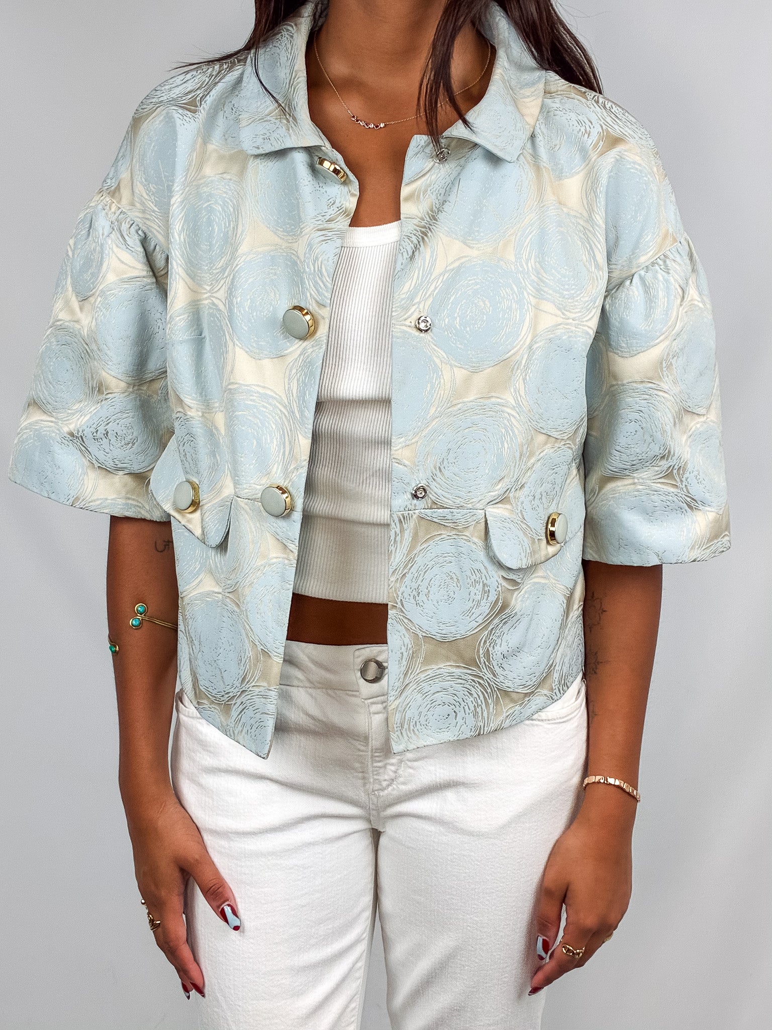 Luisa Spagnoli 2000s Cream & Blue Jacquard Rose Cropped Jacket - XS