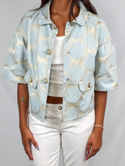 Luisa Spagnoli 2000s Cream & Blue Jacquard Rose Cropped Jacket - XS