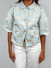 Luisa Spagnoli 2000s Cream & Blue Jacquard Rose Cropped Jacket - XS