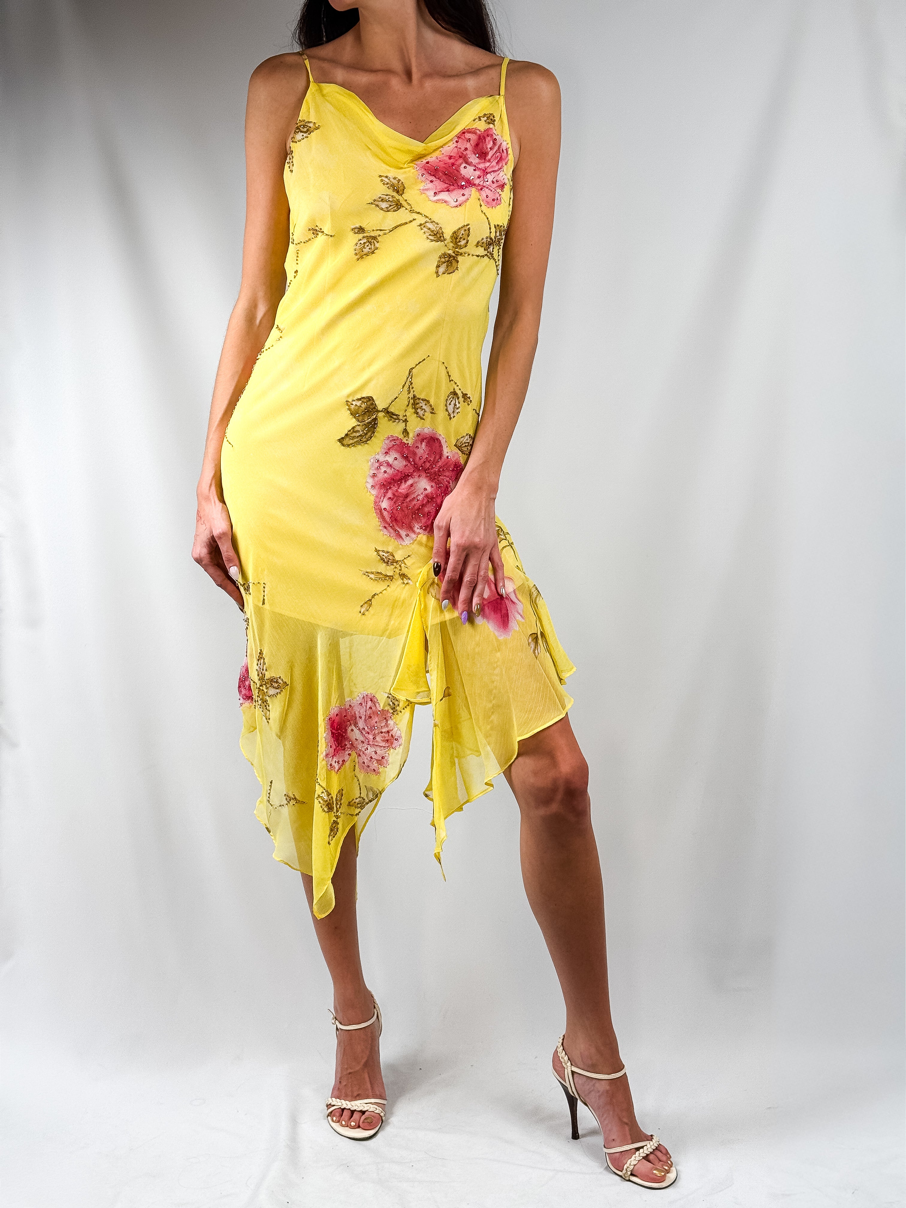 2000s Yellow Floral Beaded Chiffon Dress & Shawl - M