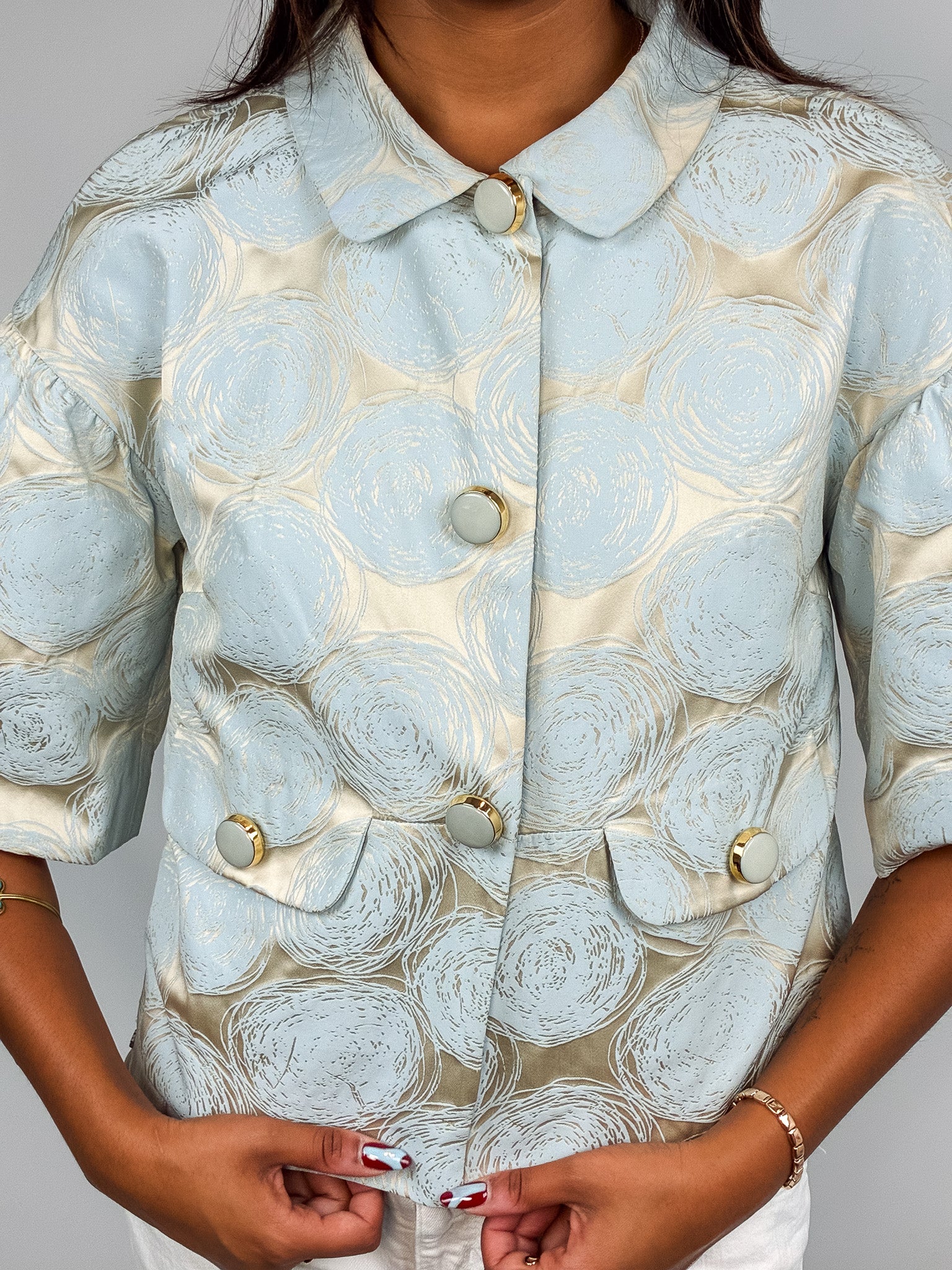 Luisa Spagnoli 2000s Cream & Blue Jacquard Rose Cropped Jacket - XS