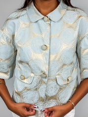 Luisa Spagnoli 2000s Cream & Blue Jacquard Rose Cropped Jacket - XS