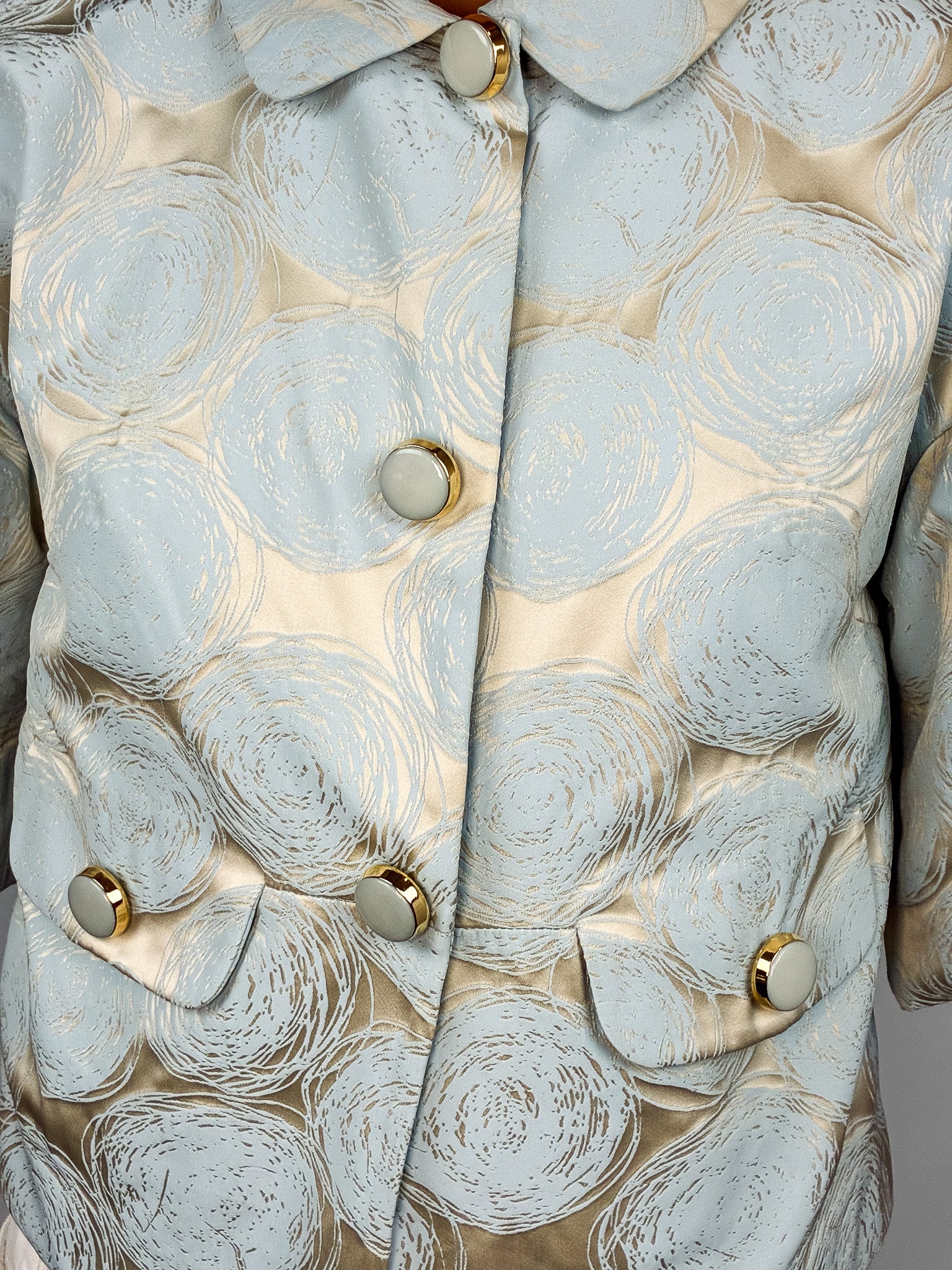 Luisa Spagnoli 2000s Cream & Blue Jacquard Rose Cropped Jacket - XS