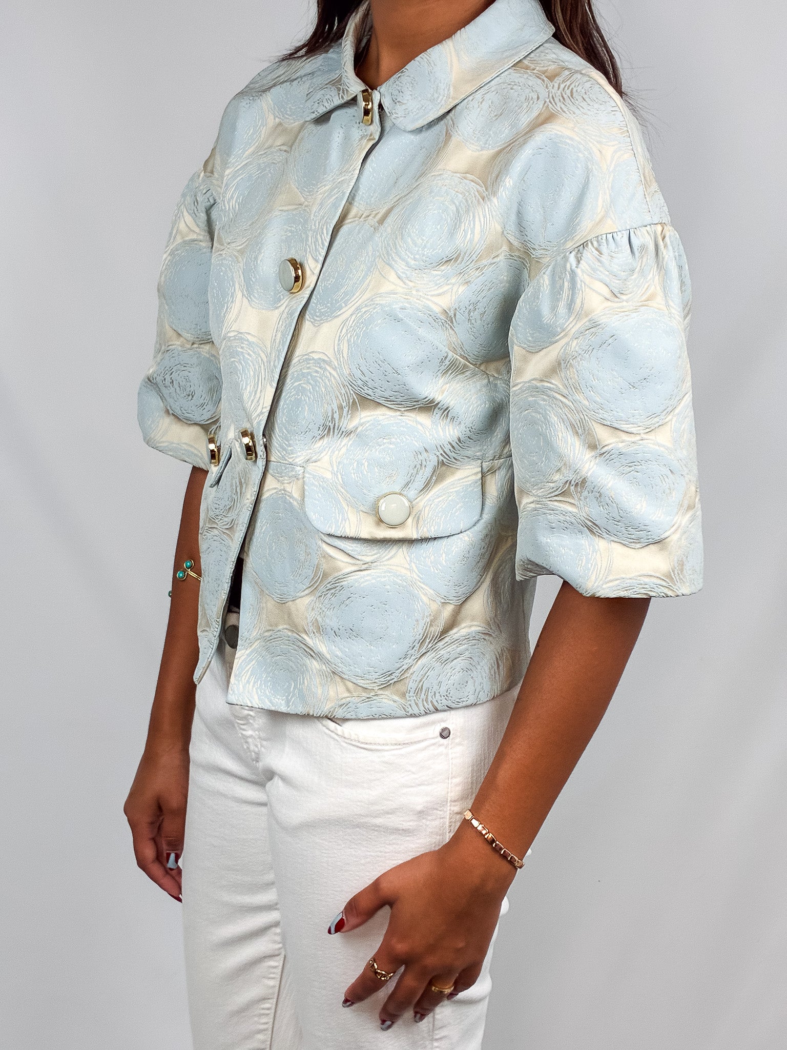 Luisa Spagnoli 2000s Cream & Blue Jacquard Rose Cropped Jacket - XS