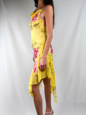 2000s Yellow Floral Beaded Chiffon Dress & Shawl - M