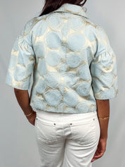 Luisa Spagnoli 2000s Cream & Blue Jacquard Rose Cropped Jacket - XS